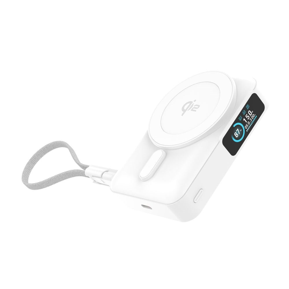Mobile Origin 10.000mAh Powerbank m. Trådløs Opladning / Indbygget USB-C Kabel - MagSafe / Qi2 Kompatibel - Hvid