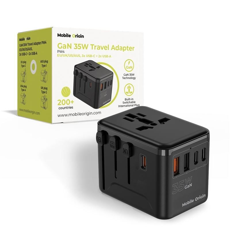 Rejseadapter Mobile Origin GaN 35W -  EU / UK / US / AUS - Sort