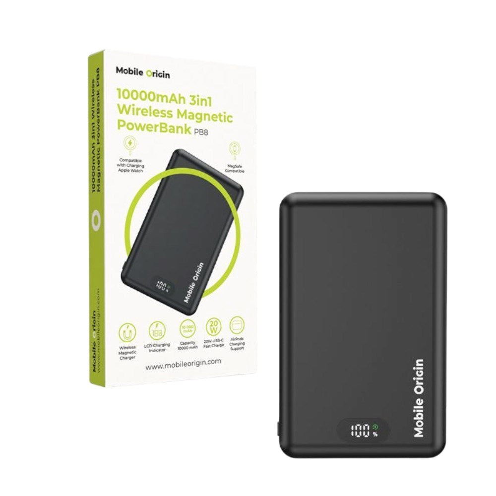 3in1 Powerbank 10000mAh Mobile Origin m. Trådløs Opladning - MagSafe Kompatibel - Sort