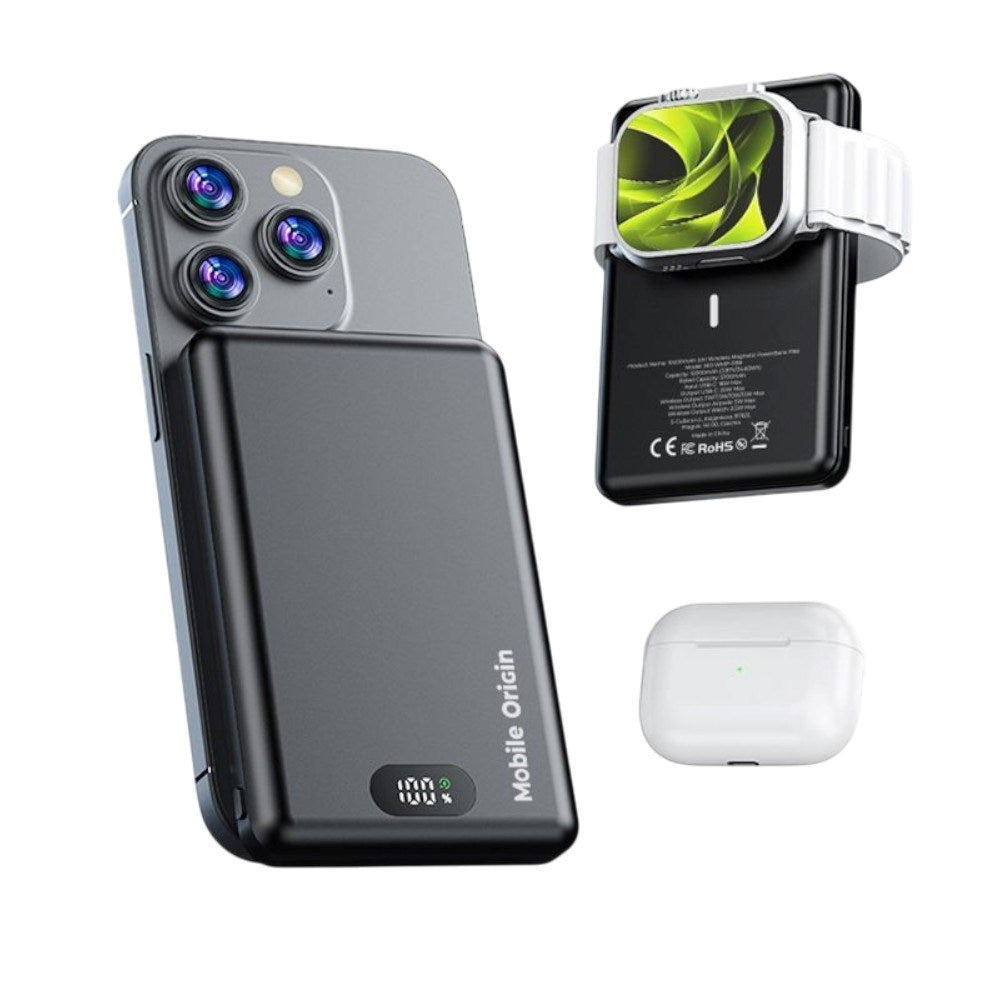 3in1 Powerbank 10000mAh Mobile Origin m. Trådløs Opladning - MagSafe Kompatibel - Sort