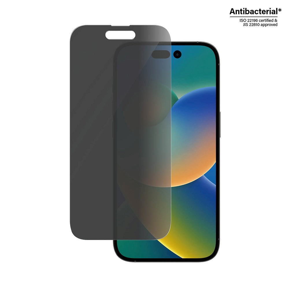 iPhone 14 Pro PanzerGlass AntiBacterial Classic Fit Skærmbeskyttelse - Privacy Filter - Platinum Strength - Gennemsigtig / Sort