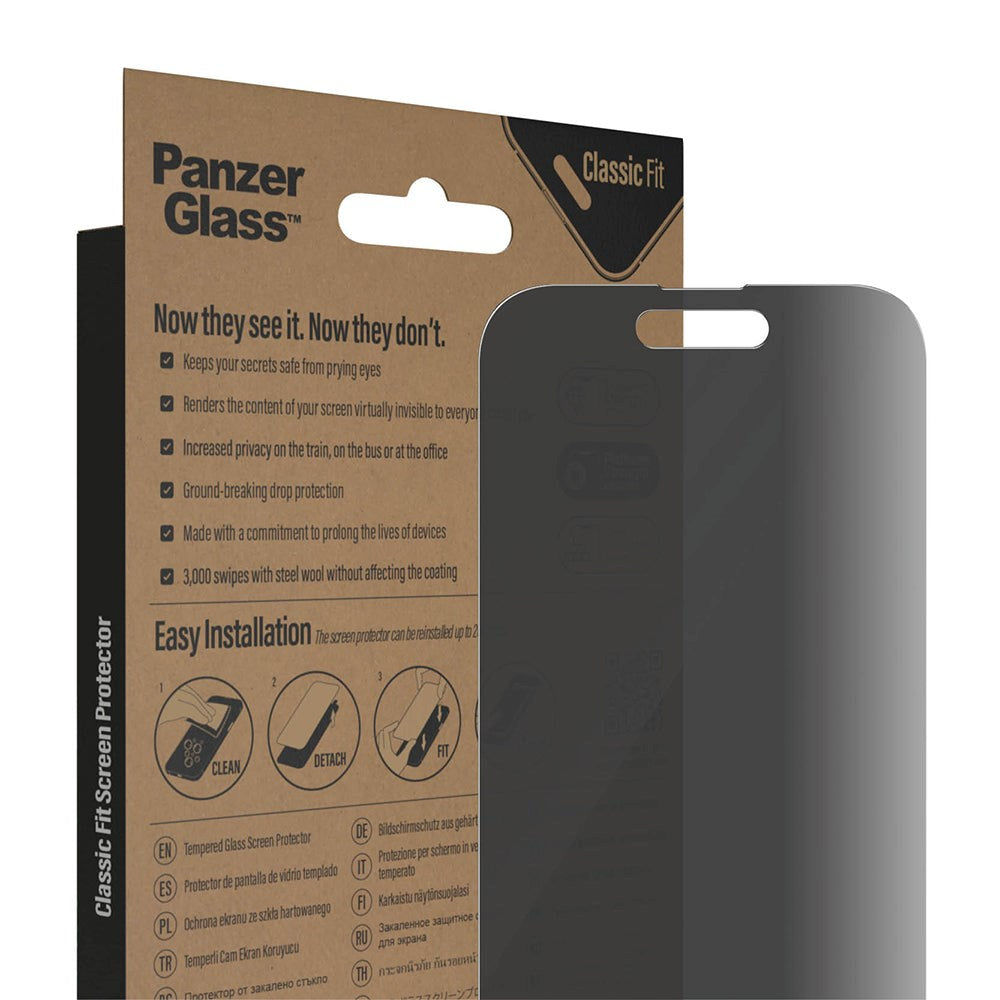 iPhone 14 Pro PanzerGlass AntiBacterial Classic Fit Skærmbeskyttelse - Privacy Filter - Platinum Strength - Gennemsigtig / Sort