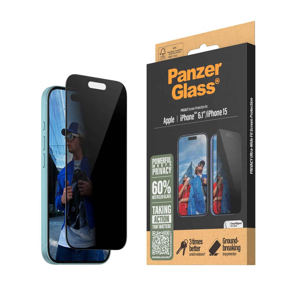 iPhone 15 / 16 PanzerGlass Ultra Wide Fit Skærmbeskyttelse m. EasyAligner - Privacy - Diamond Strength - Gennemsigtig / Sort Kant