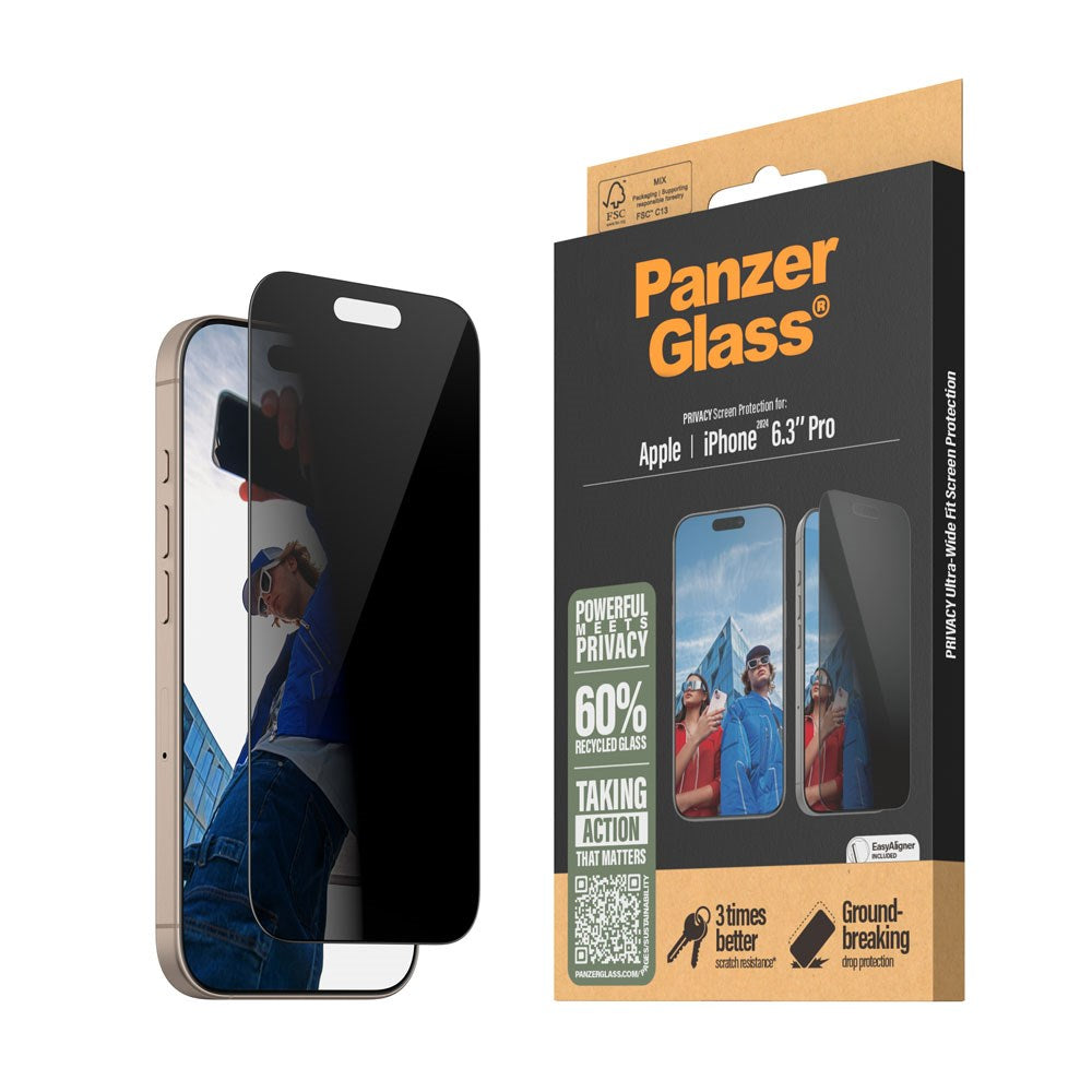 iPhone 16 Pro PanzerGlass Ultra Wide Fit Skærmbeskyttelse m. EasyAligner - Privacy - Diamond Strength - Gennemsigtig / Sort Kant