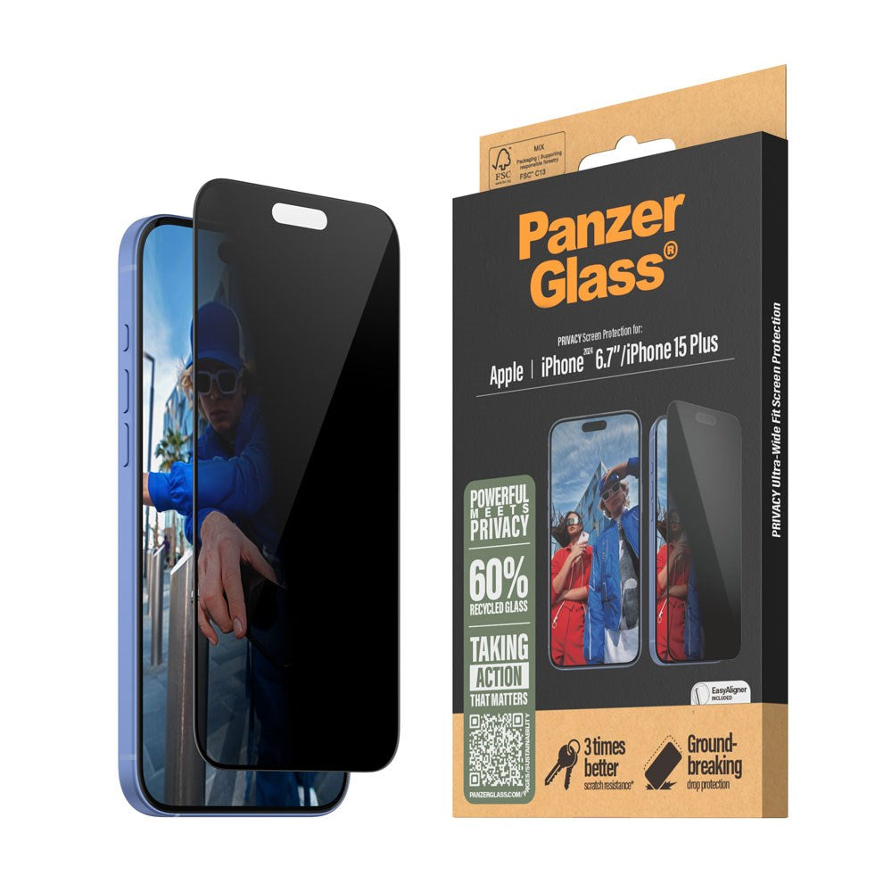 iPhone 15 Plus / 16 Plus PanzerGlass Ultra Wide Fit Skærmbeskyttelse m. EasyAligner - Privacy - Diamond Strength - Gennemsigtig / Sort Kant