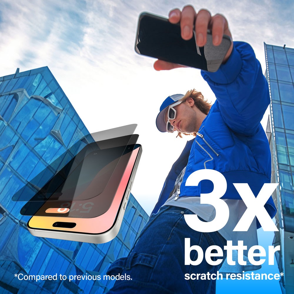 iPhone 15 Plus / 16 Plus PanzerGlass Ultra Wide Fit Skærmbeskyttelse m. EasyAligner - Privacy - Diamond Strength - Gennemsigtig / Sort Kant
