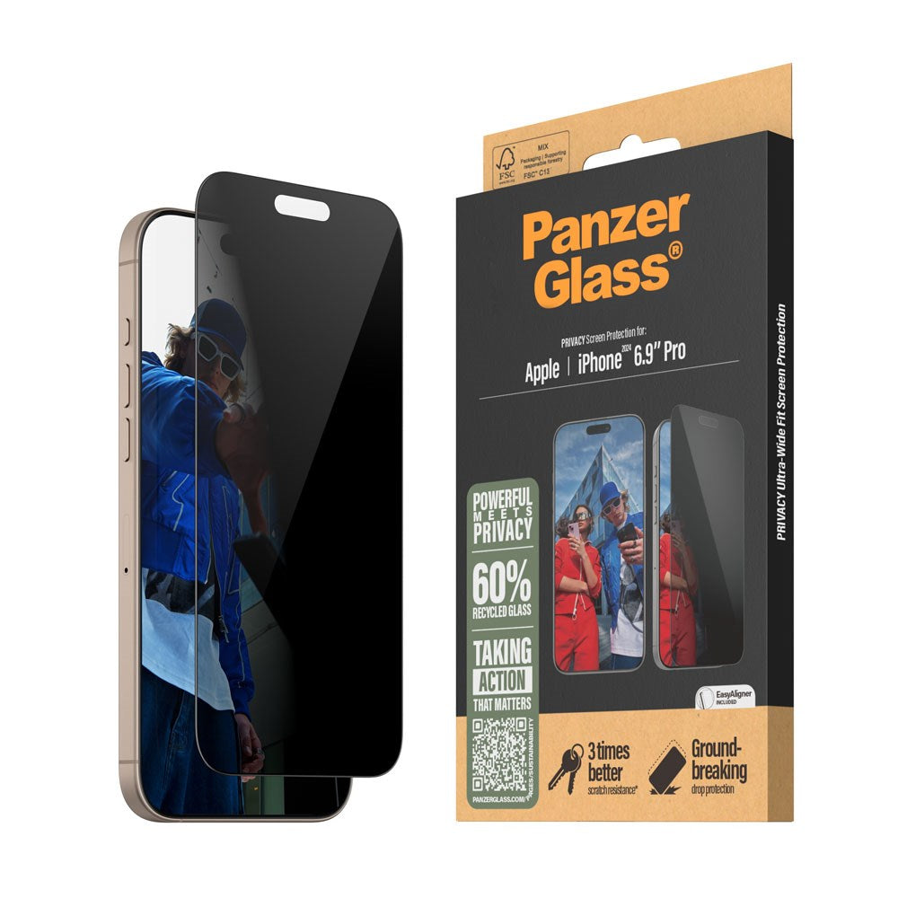 iPhone 16 Pro Max PanzerGlass Ultra Wide Fit Skærmbeskyttelse m. EasyAligner - Privacy - Diamond Strength - Gennemsigtig / Sort Kant