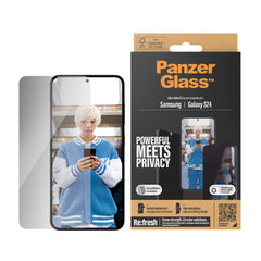 Samsung Galaxy S24 PanzerGlass Ultra Wide Fit Re:fresh Skærmbeskyttelse m. EasyAligner - Privacy - Platinum Strength - Gennemsigtig / Sort Kant