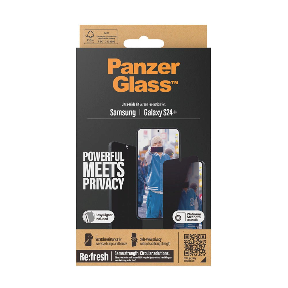 Samsung Galaxy S24+ (Plus) PanzerGlass Ultra Wide Fit Re:fresh Skærmbeskyttelse m. EasyAligner - Privacy - Platinum Strength - Gennemsigtig / Sort Kant