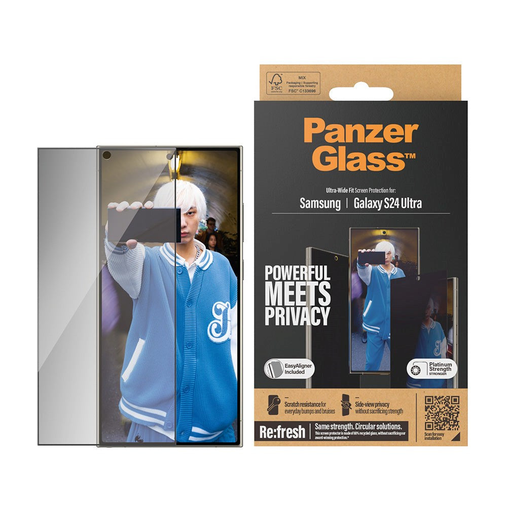 Samsung Galaxy S24 Ultra PanzerGlass Ultra Wide Fit Re:fresh Skærmbeskyttelse m. EasyAligner - Privacy - Platinum Strength - Gennemsigtig / Sort Kant