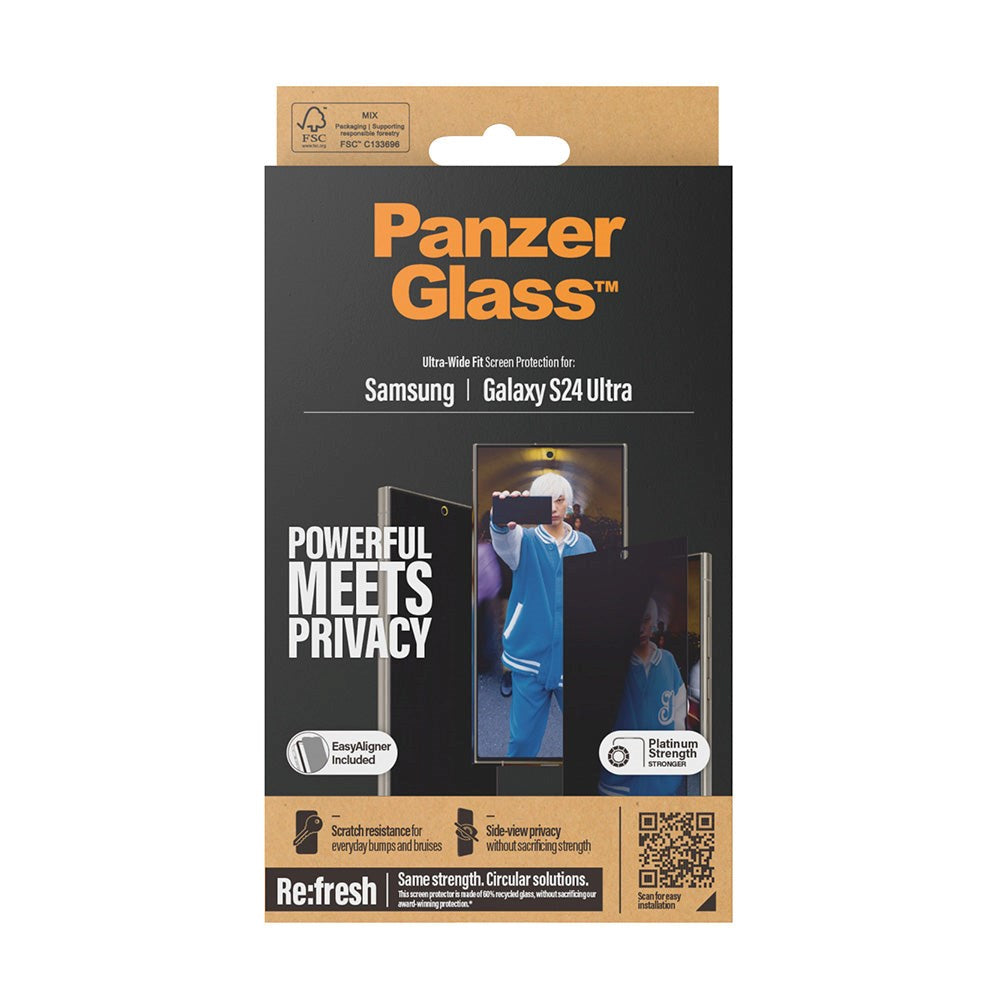 Samsung Galaxy S24 Ultra PanzerGlass Ultra Wide Fit Re:fresh Skærmbeskyttelse m. EasyAligner - Privacy - Platinum Strength - Gennemsigtig / Sort Kant