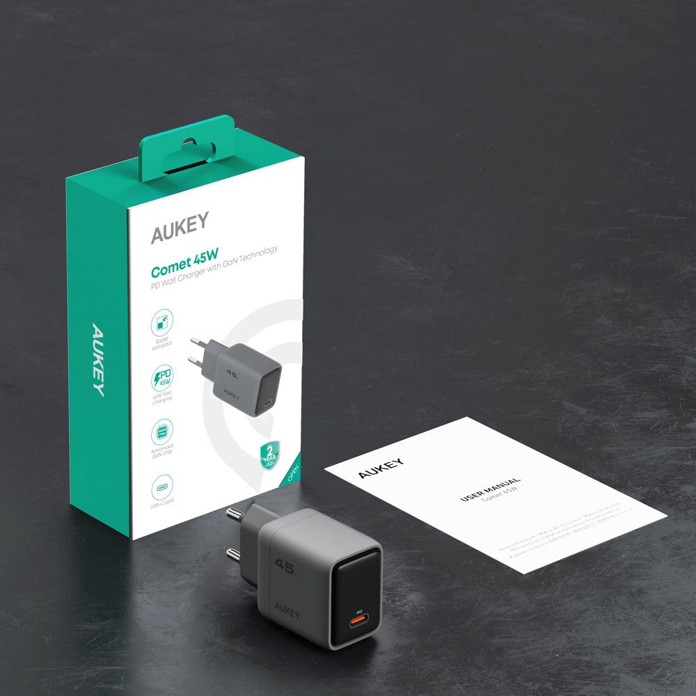 Aukey 45W PD Vægoplader m. 1 x USB-C - Grå