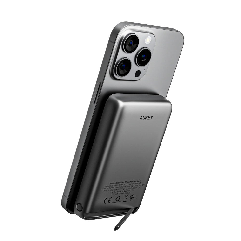 Aukey MagFusion 10.000mAh Powerbank m. Trådløs Opladning & Ståfunktion - MagSafe / Qi2 Kompatibel - Grå