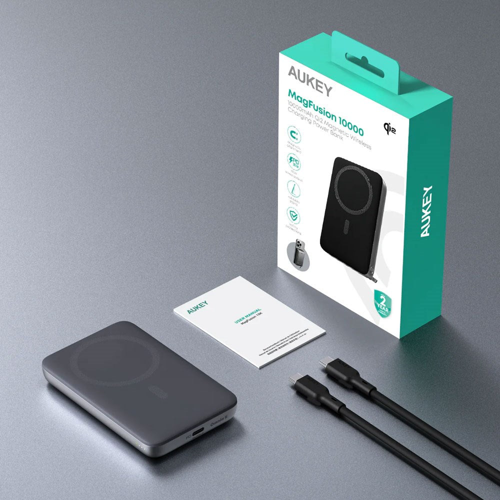 Aukey MagFusion 10.000mAh Powerbank m. Trådløs Opladning & Ståfunktion - MagSafe / Qi2 Kompatibel - Grå