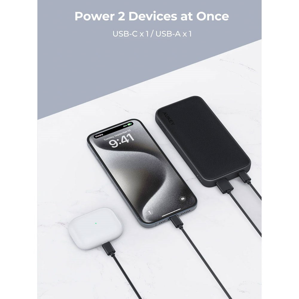 Aukey Sprint 10.000mAh Powerbank m. 15W & 1 x USB-C & 1 x USB-A - Mørkegrå