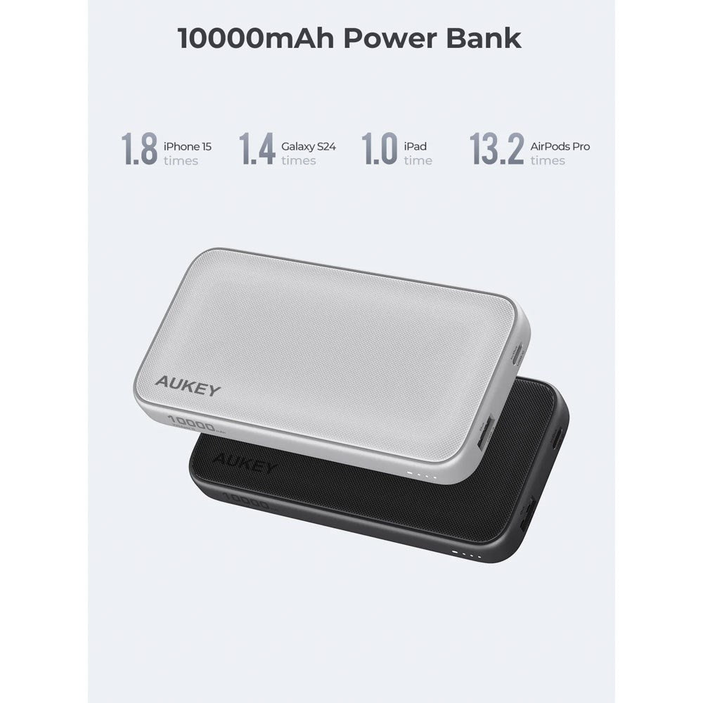Aukey Sprint 10.000mAh Powerbank m. 15W & 1 x USB-C & 1 x USB-A - Mørkegrå