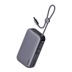 Aukey Spark Sling Powerbank m. Indbygget USB-C Kabel & Display - 10.000mAh - 30W - 1 x USB-C - 1 x USB-A - Grå