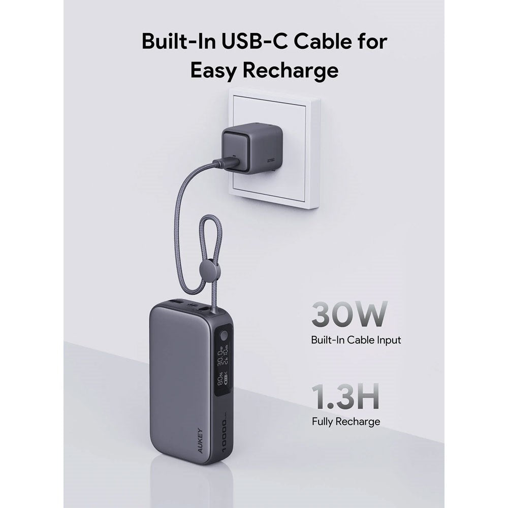Aukey Spark Sling Powerbank m. Indbygget USB-C Kabel & Display - 10.000mAh - 30W - 1 x USB-C - 1 x USB-A - Grå