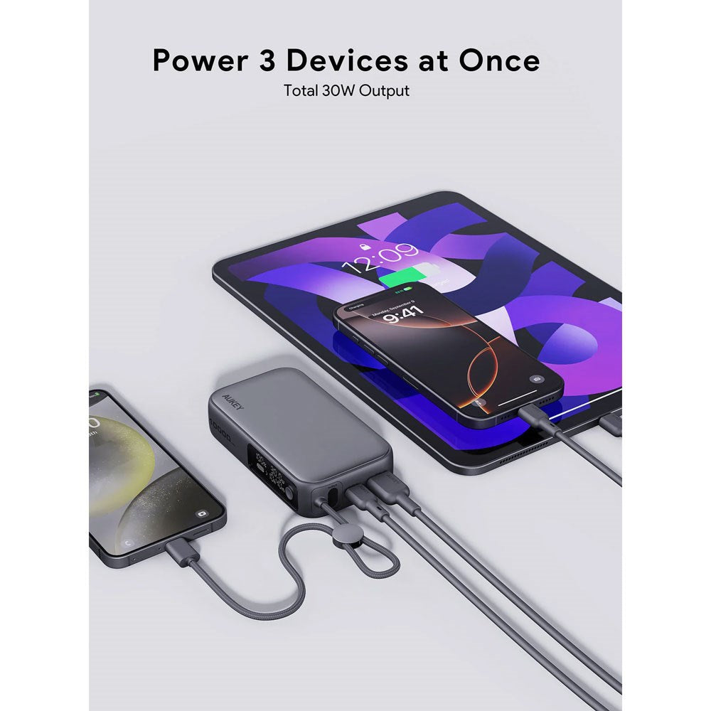 Aukey Spark Sling Powerbank m. Indbygget USB-C Kabel & Display - 10.000mAh - 30W - 1 x USB-C - 1 x USB-A - Grå