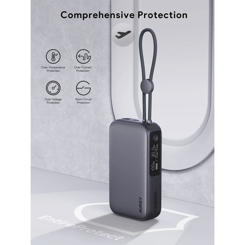 Aukey Spark Sling Powerbank m. Indbygget USB-C Kabel & Display - 10.000mAh - 30W - 1 x USB-C - 1 x USB-A - Grå