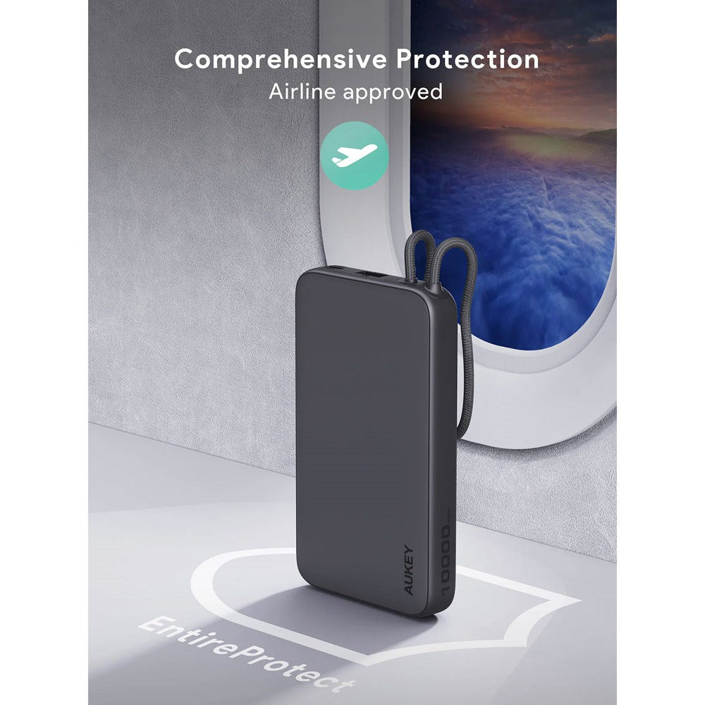 Aukey Spark Sling Powerbank m. Indbygget USB-C Kabel - 10.000mAh - 20W - 1 x USB-C - 1 x USB-A - Grå