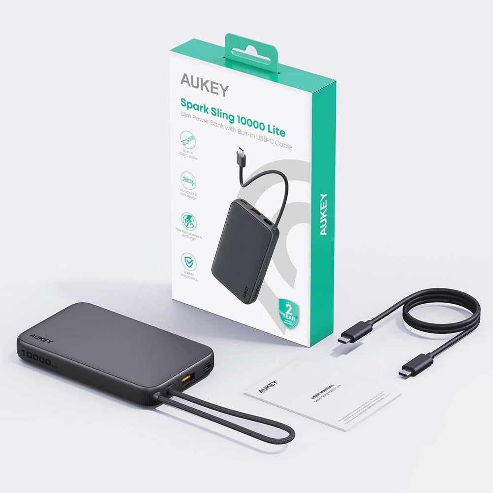 Aukey Spark Sling Powerbank m. Indbygget USB-C Kabel - 10.000mAh - 20W - 1 x USB-C - 1 x USB-A - Grå