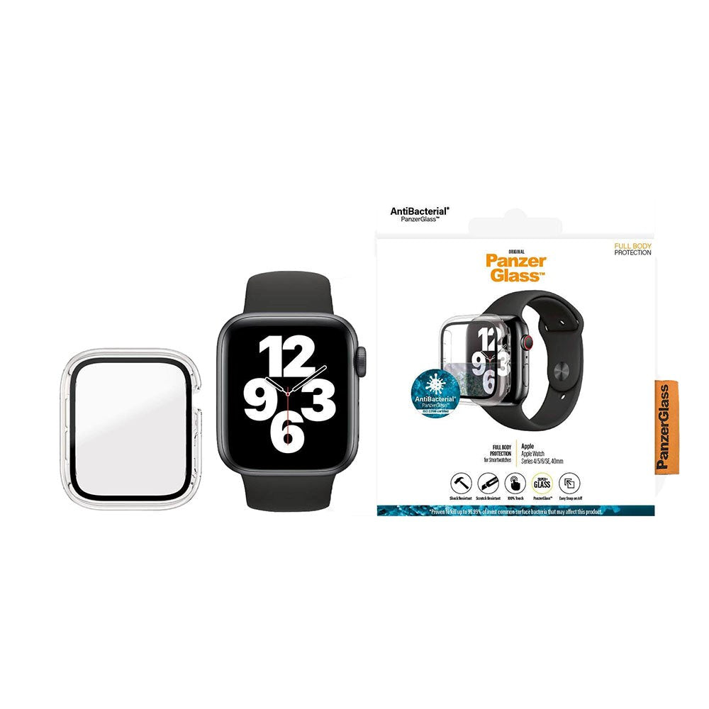 PanzerGlass Apple Watch SE/6/5/4 (40mm) Full Body Protection Cover + Indbygget Skærmbeskyttelse - Gennemsigtigt m. Sort Ramme