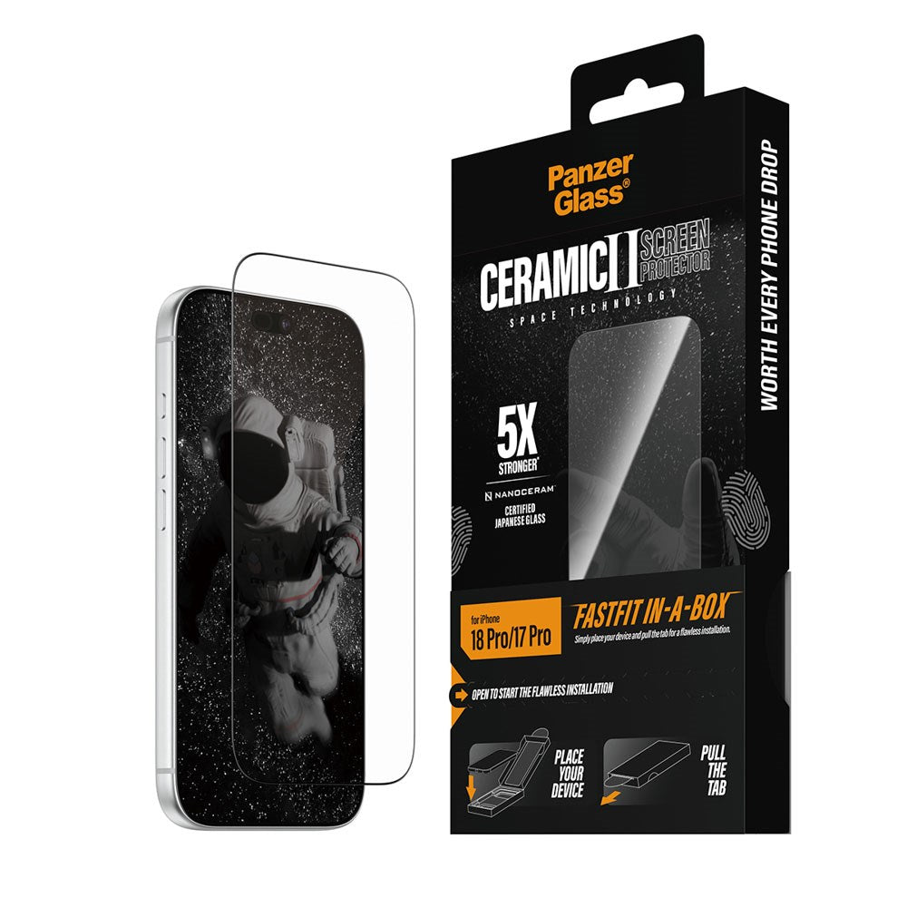 iPhone 18 Pro / 17 Pro PanzerGlass Ceramic Ultra-Wide Fit Skærmbeskyttelsesglas - FastFit In-A-Box - Gennemsigtig