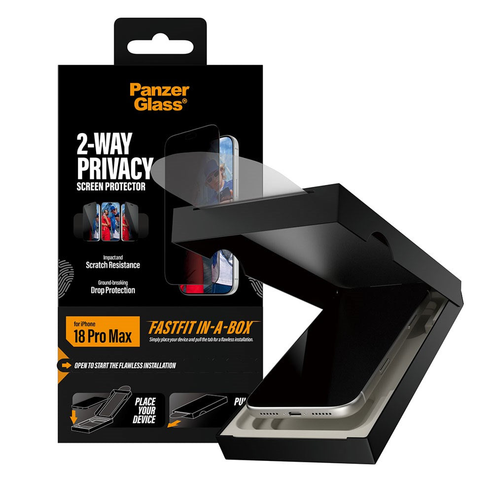 iPhone 18 Pro Max PanzerGlass Skærmbeskyttelsesglas - Ultra Wide Fit m. EasyAligner - Privacy - Gennemsigtig