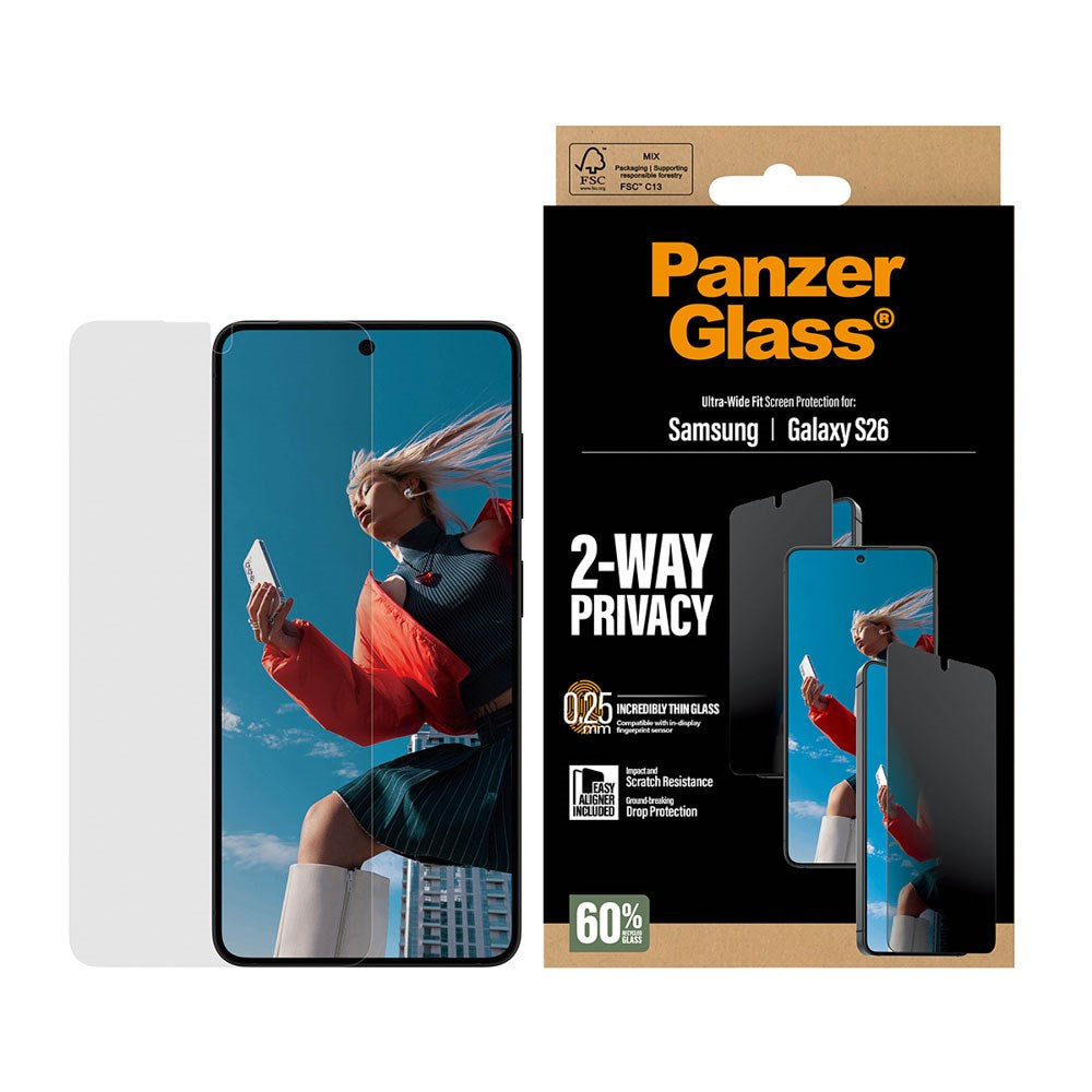 Samsung Galaxy S26 PanzerGlass 2-Way Privacy Skærmbeskyttelse m. EasyAligner - Gennemsigtig