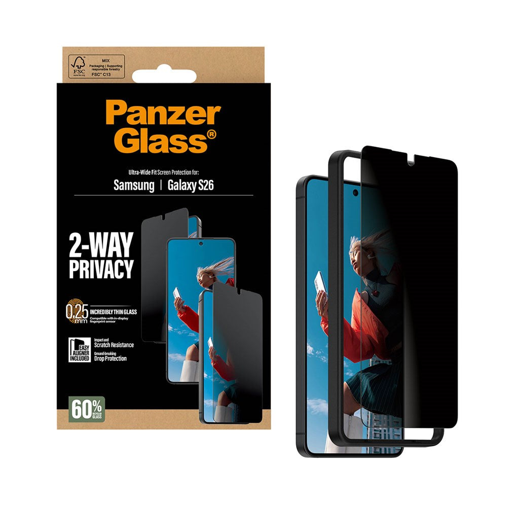 Samsung Galaxy S26 PanzerGlass 2-Way Privacy Skærmbeskyttelse m. EasyAligner - Gennemsigtig