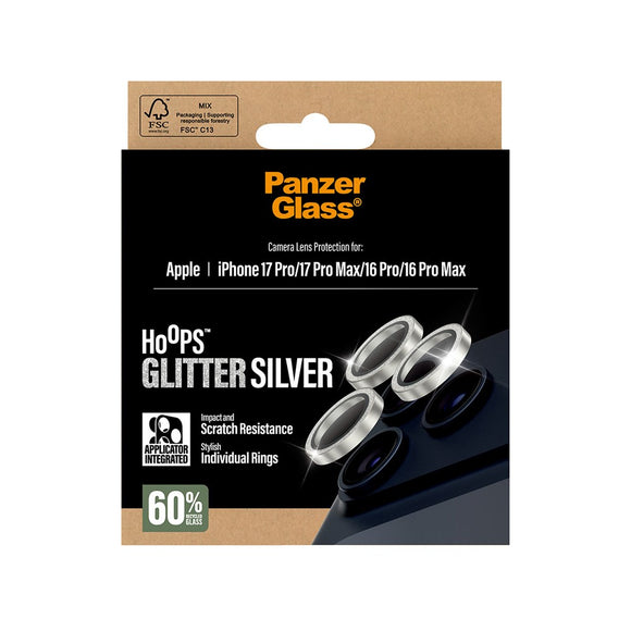 PanzerGlass iPhone 17 Pro / 17 Pro Max / 16 Pro / 16 Pro Max Hoops Kameralinsebeskyttelse m. Installationsramme - Glitter Sølv