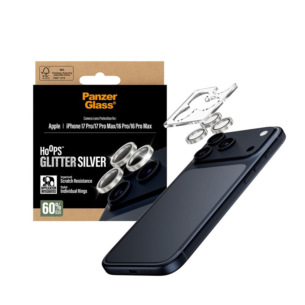 PanzerGlass iPhone 17 Pro / 17 Pro Max / 16 Pro / 16 Pro Max Hoops Kameralinsebeskyttelse m. Installationsramme - Glitter Sølv