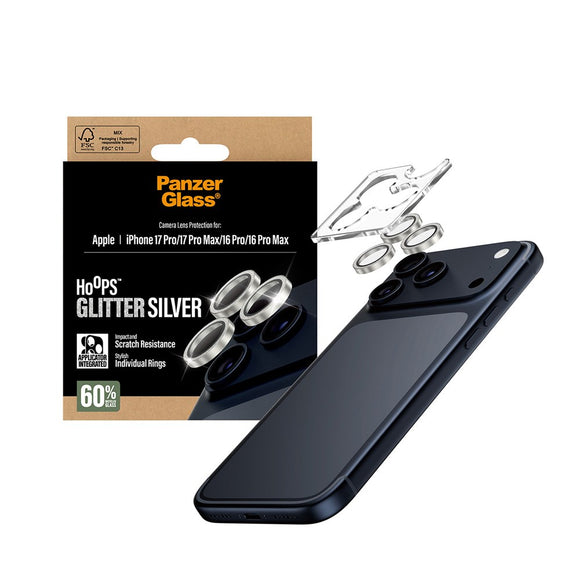 PanzerGlass iPhone 17 Pro / 17 Pro Max / 16 Pro / 16 Pro Max Hoops Kameralinsebeskyttelse m. Installationsramme - Glitter Sølv
