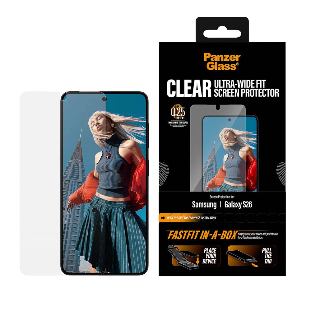 Samsung Galaxy S26 PanzerGlass Skærmbeskyttelsesglas m. FastFit In-A-Box - Ultra Wide Fit - Gennemsigtig