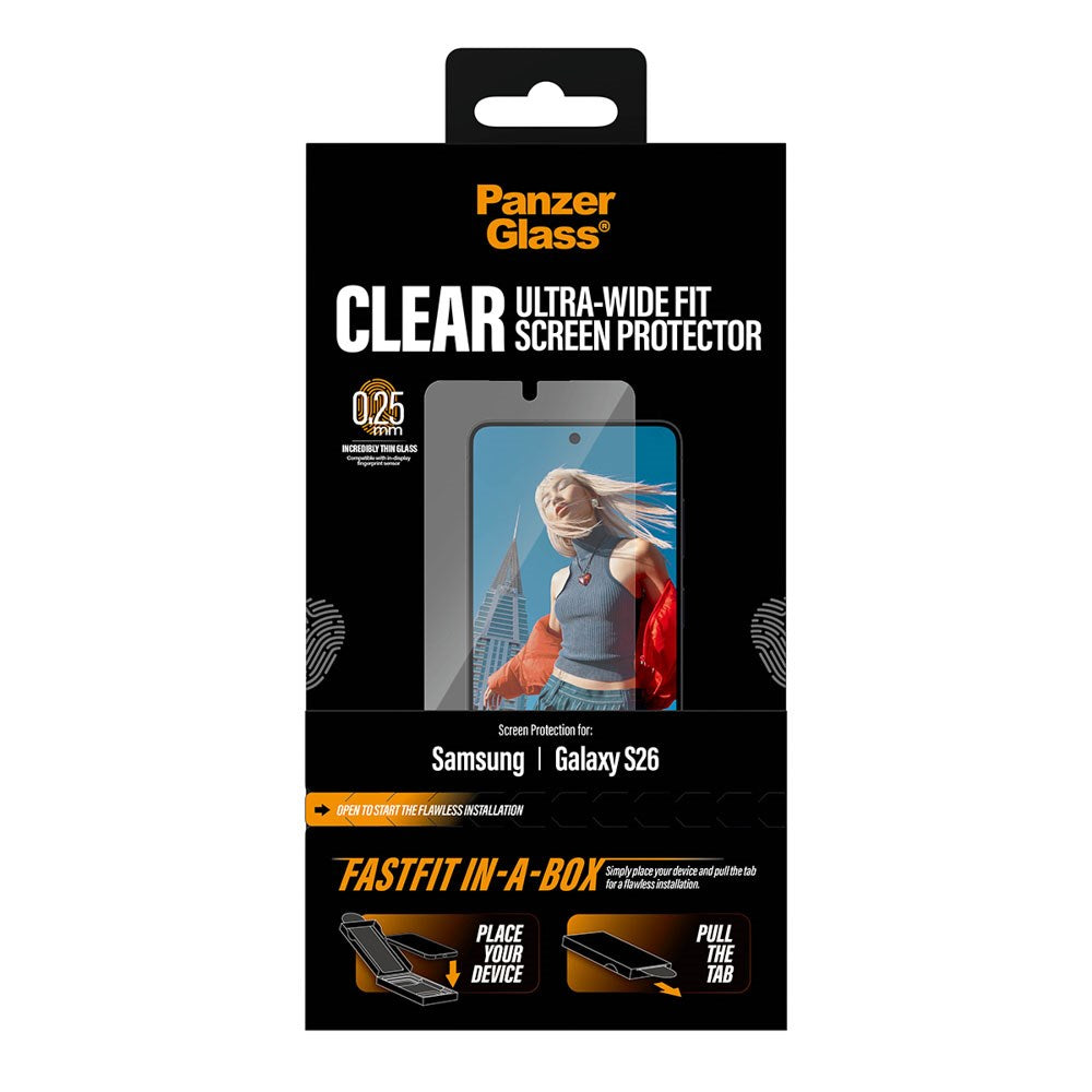 Samsung Galaxy S26 PanzerGlass Skærmbeskyttelsesglas m. FastFit In-A-Box - Ultra Wide Fit - Gennemsigtig