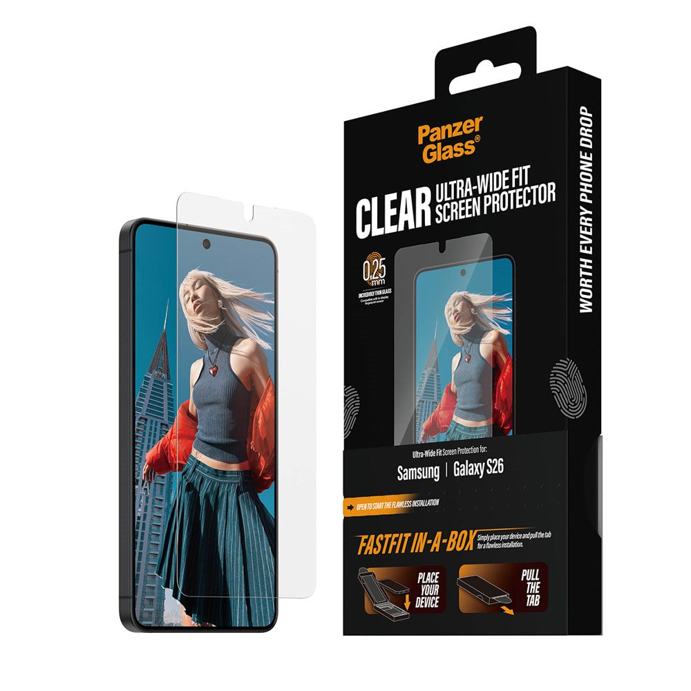 Samsung Galaxy S26 PanzerGlass Skærmbeskyttelsesglas m. FastFit In-A-Box - Ultra Wide Fit - Gennemsigtig