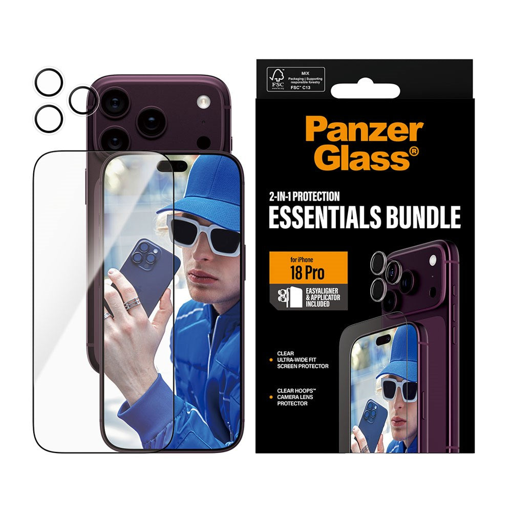 iPhone 18 Pro PanzerGlass Essentials 2-in-1 Bundle m. EasyAligner / Skærmbeskyttelse (UWF) / Hoops Kamerabeskyttelse - Gennemsigtig
