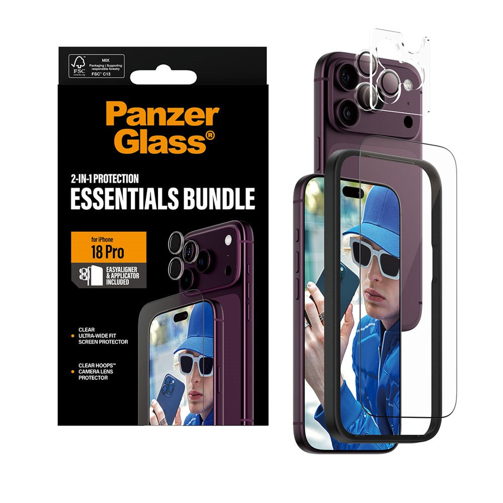 iPhone 18 Pro PanzerGlass Essentials 2-in-1 Bundle m. EasyAligner / Skærmbeskyttelse (UWF) / Hoops Kamerabeskyttelse - Gennemsigtig