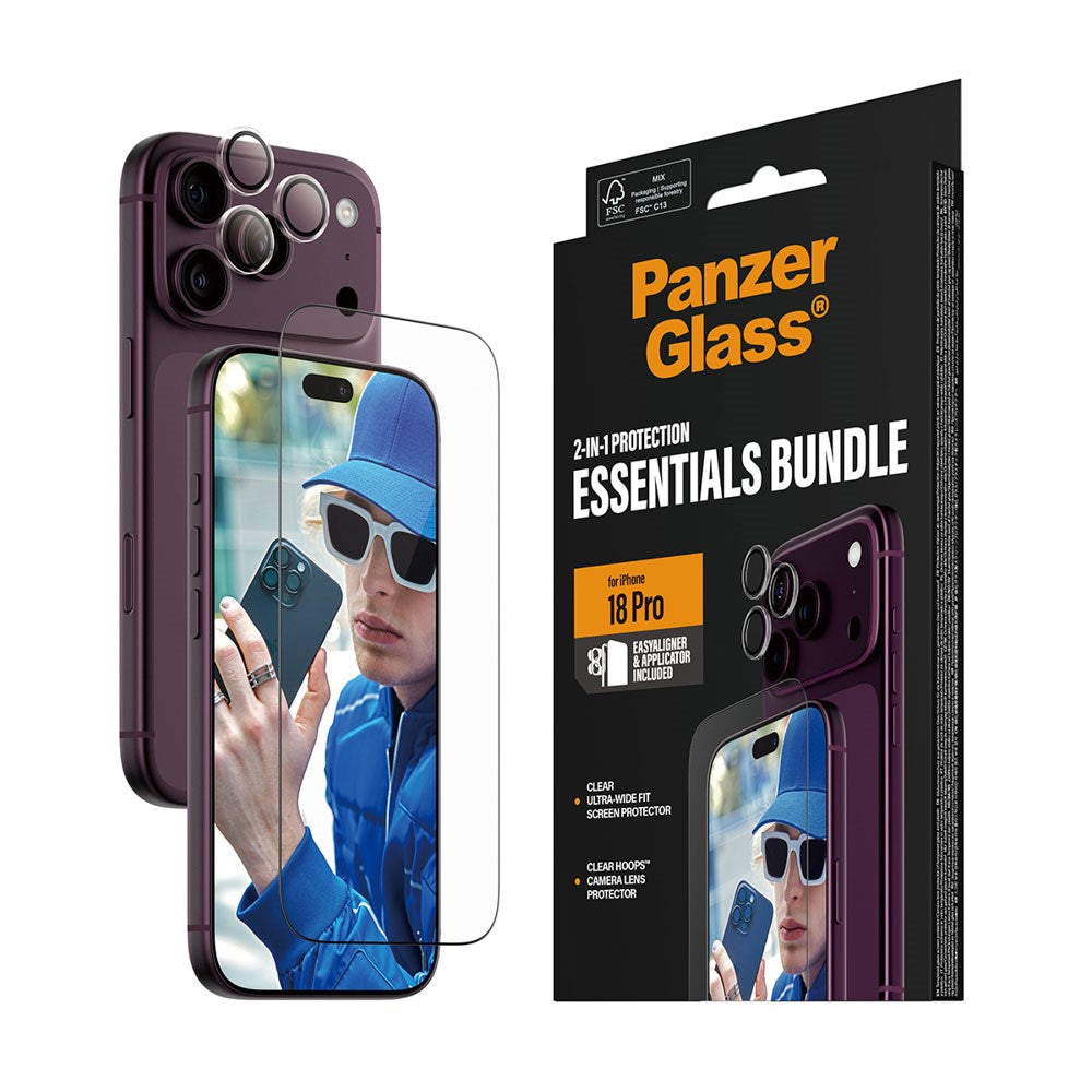 iPhone 18 Pro PanzerGlass Essentials 2-in-1 Bundle m. EasyAligner / Skærmbeskyttelse (UWF) / Hoops Kamerabeskyttelse - Gennemsigtig