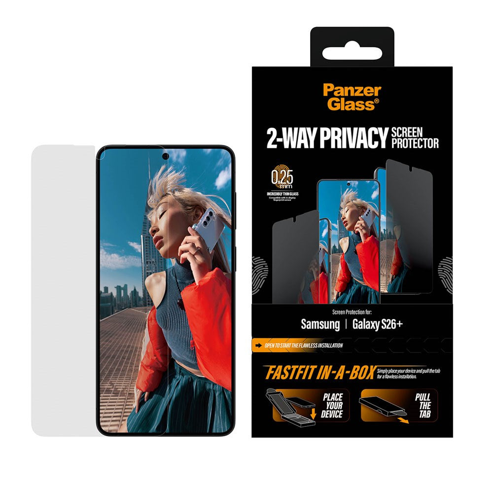 Samsung Galaxy S26+ (Plus) PanzerGlass 2-Way Privacy Skærmbeskyttelse m. FastFit In-A-Box - Gennemsigtig