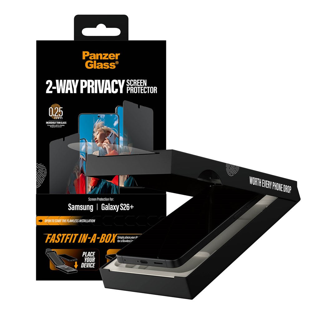 Samsung Galaxy S26+ (Plus) PanzerGlass 2-Way Privacy Skærmbeskyttelse m. FastFit In-A-Box - Gennemsigtig