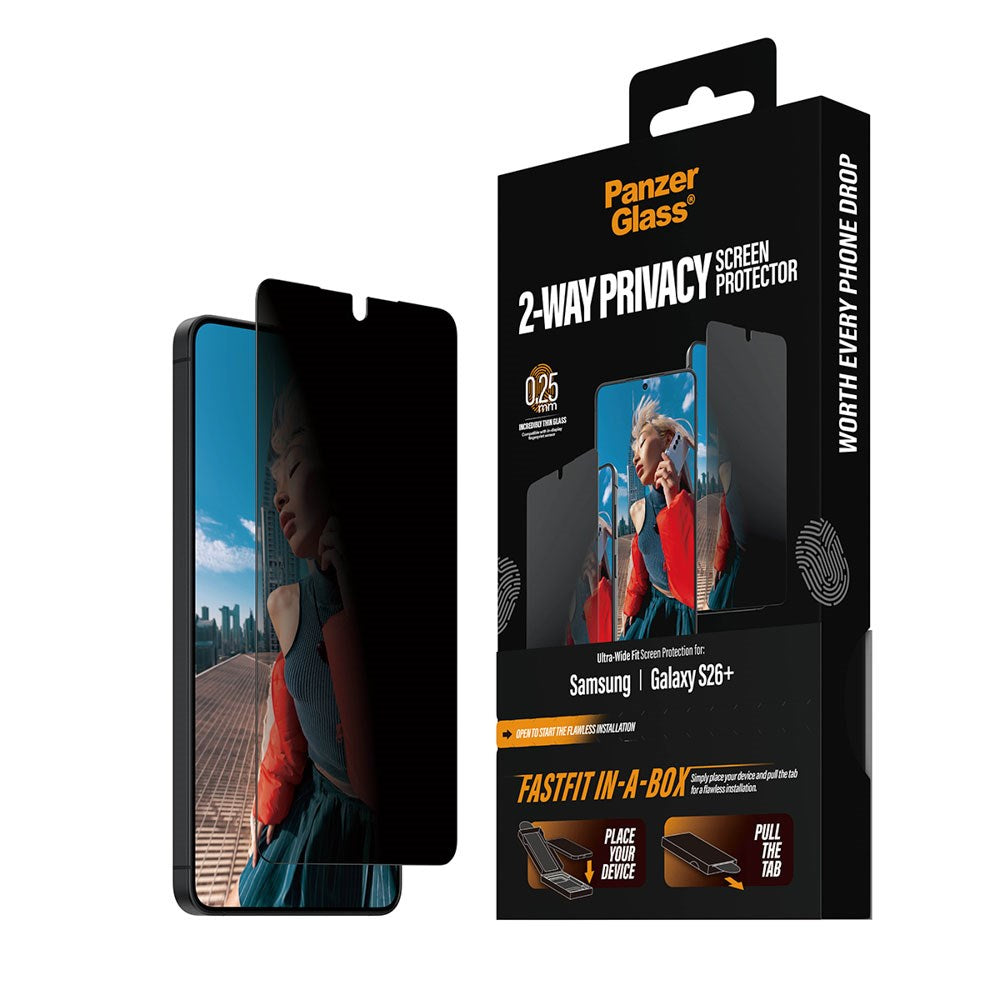 Samsung Galaxy S26+ (Plus) PanzerGlass 2-Way Privacy Skærmbeskyttelse m. FastFit In-A-Box - Gennemsigtig