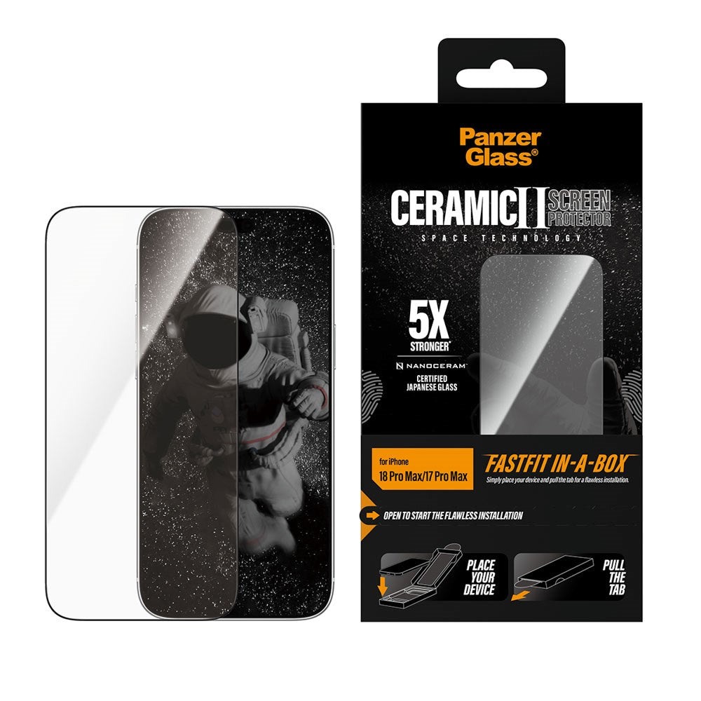 iPhone 18 Pro Max  / 17 Pro Max / 17 Pro Max PanzerGlass Ceramic Ultra-Wide Fit Skærmbeskyttelsesglas - FastFit In-A-Box - Gennemsigtig