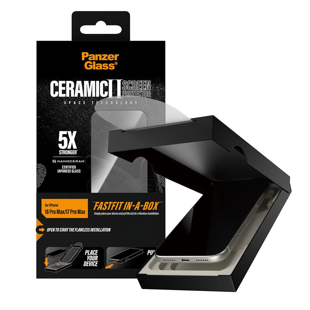 iPhone 18 Pro Max  / 17 Pro Max / 17 Pro Max PanzerGlass Ceramic Ultra-Wide Fit Skærmbeskyttelsesglas - FastFit In-A-Box - Gennemsigtig
