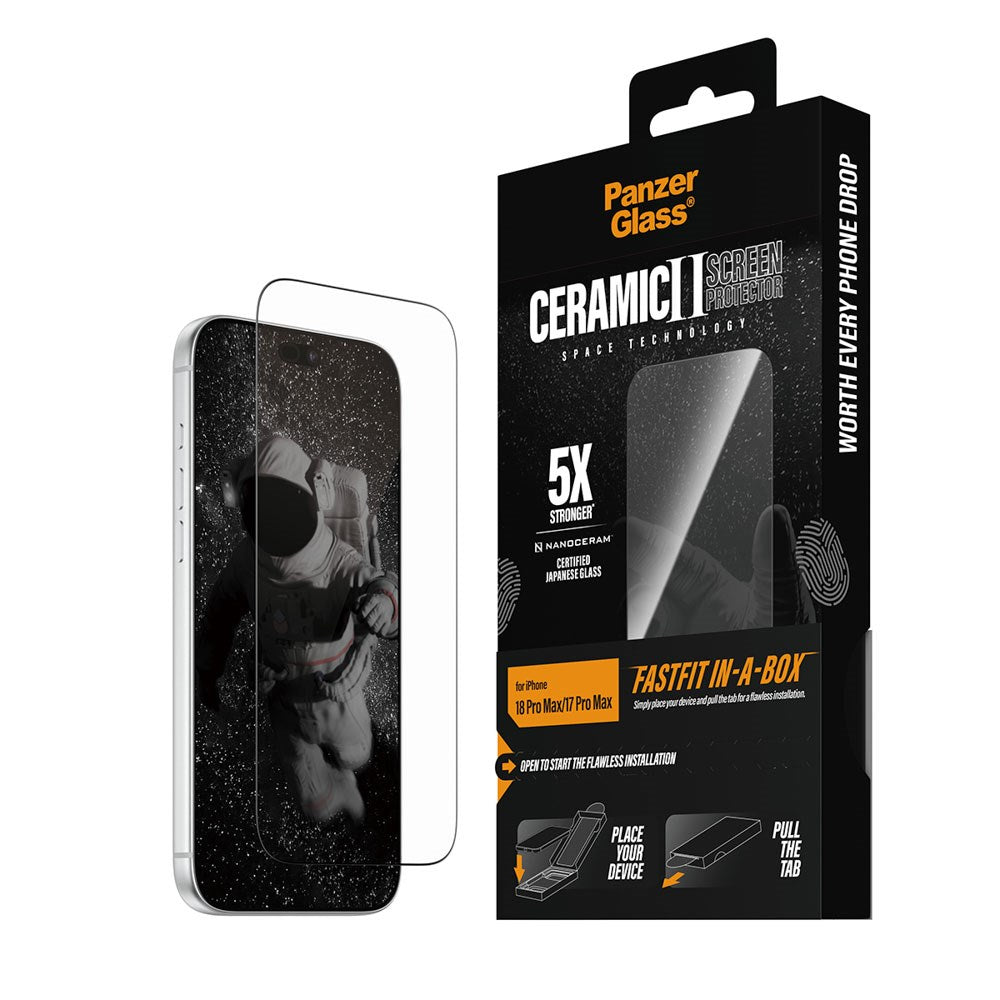 iPhone 18 Pro Max  / 17 Pro Max / 17 Pro Max PanzerGlass Ceramic Ultra-Wide Fit Skærmbeskyttelsesglas - FastFit In-A-Box - Gennemsigtig