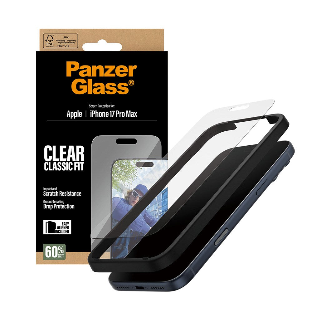 PanzerGlass iPhone 17 Pro Max Skærmbeskyttelsesglas m. EasyAligner - Classic Fit - Gennemsigtig