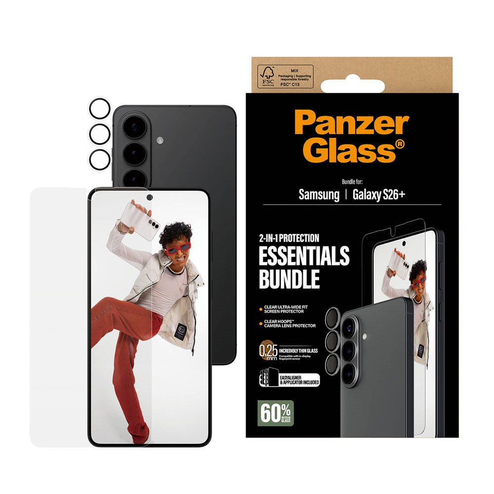 Samsung Galaxy S26+ (Plus) PanzerGlass Hoops 2-in-1 Bundle m. EasyAligner / Skærmbeskyttelse (UWF) / Hoops Kamerabeskyttelse - Gennemsigtig