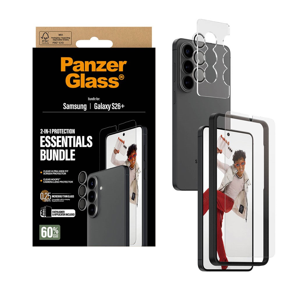 Samsung Galaxy S26+ (Plus) PanzerGlass Hoops 2-in-1 Bundle m. EasyAligner / Skærmbeskyttelse (UWF) / Hoops Kamerabeskyttelse - Gennemsigtig