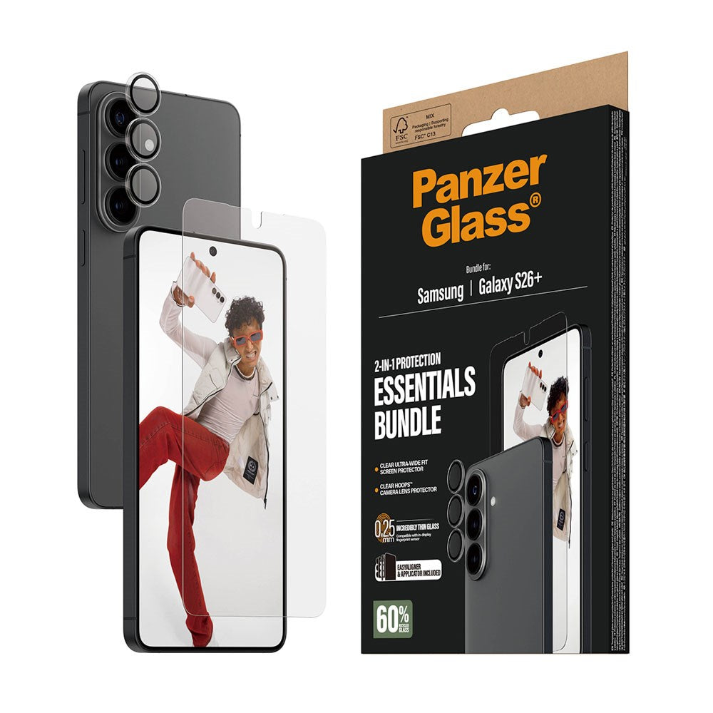 Samsung Galaxy S26+ (Plus) PanzerGlass Hoops 2-in-1 Bundle m. EasyAligner / Skærmbeskyttelse (UWF) / Hoops Kamerabeskyttelse - Gennemsigtig